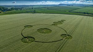 Vue aérienne d'une formation de culture complexe dans un champ de céréales, exemple impressionnant de crop circle moderne