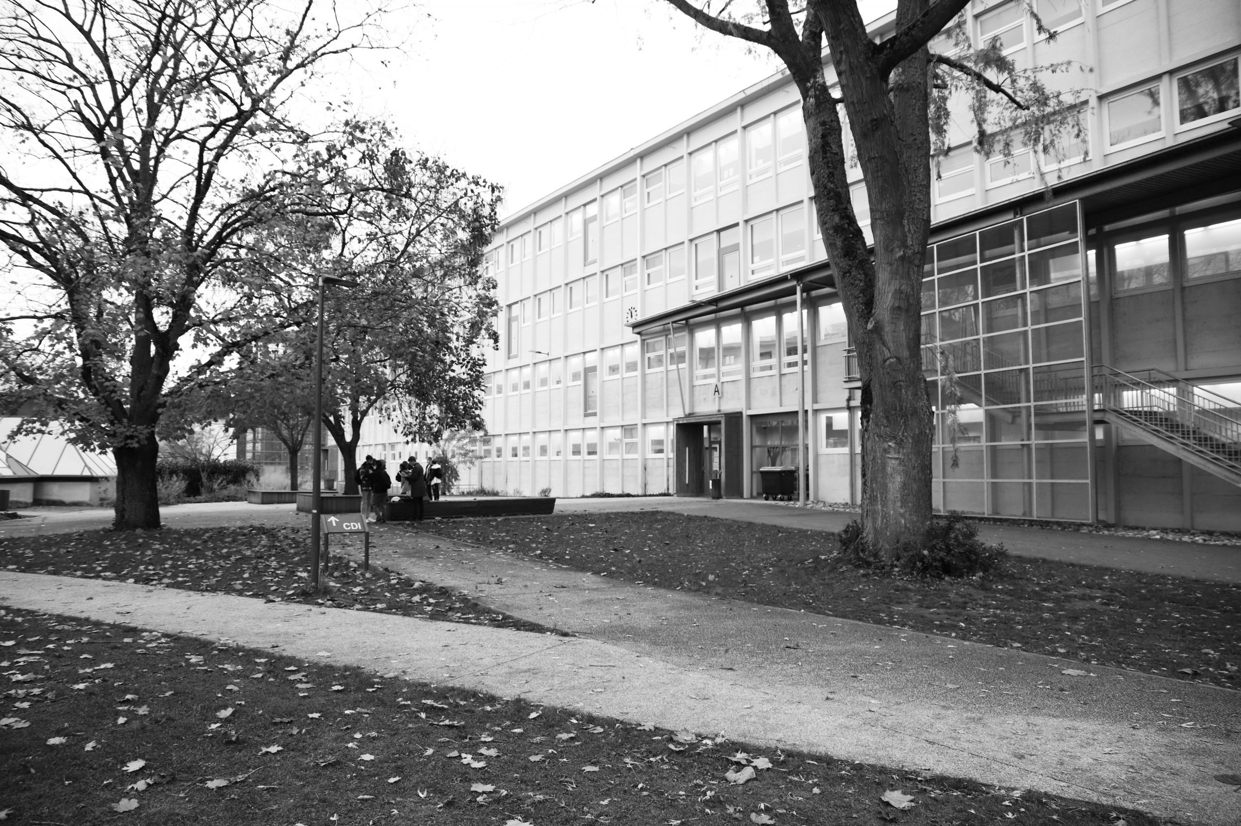 Façade du Lycée Albert Schweitzer à Mulhouse en noir et blanc sous un ciel nuageux