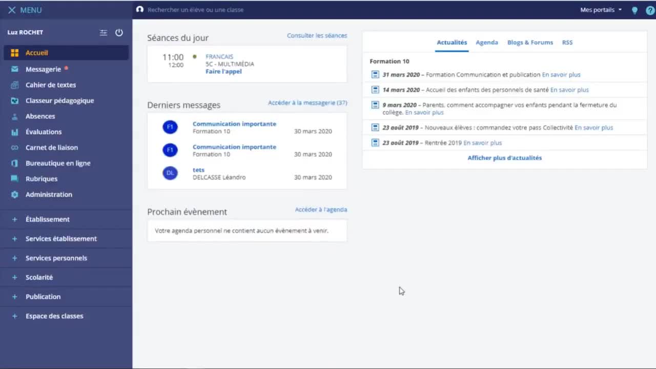 Interface de l’ENT scolaire pour les enseignants avec tutoriels accessibles