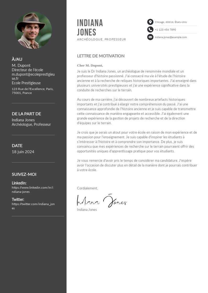 Modèle professionnel de lettre de motivation pour une école avec mise en page claire