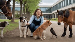 Étudiant interagissant avec différents animaux dans un cadre universitaire réaliste et lumineux, illustrant les études liées aux animaux après le bac.